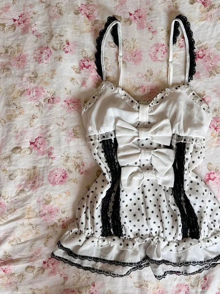 Original Beautiful White Polka Dot Lace Women's Vest Summer Pure Desire Sle Small Strap Tank Top Commute Sle Slim Fit Cot...