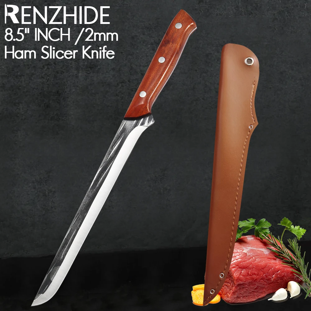 

RZD Spanish Style Meat Ham Slicer Knife Forged 5cr15mov Steel Knife Cover Sheath Slicing Splitting Salmon Pumpkin Watermelon