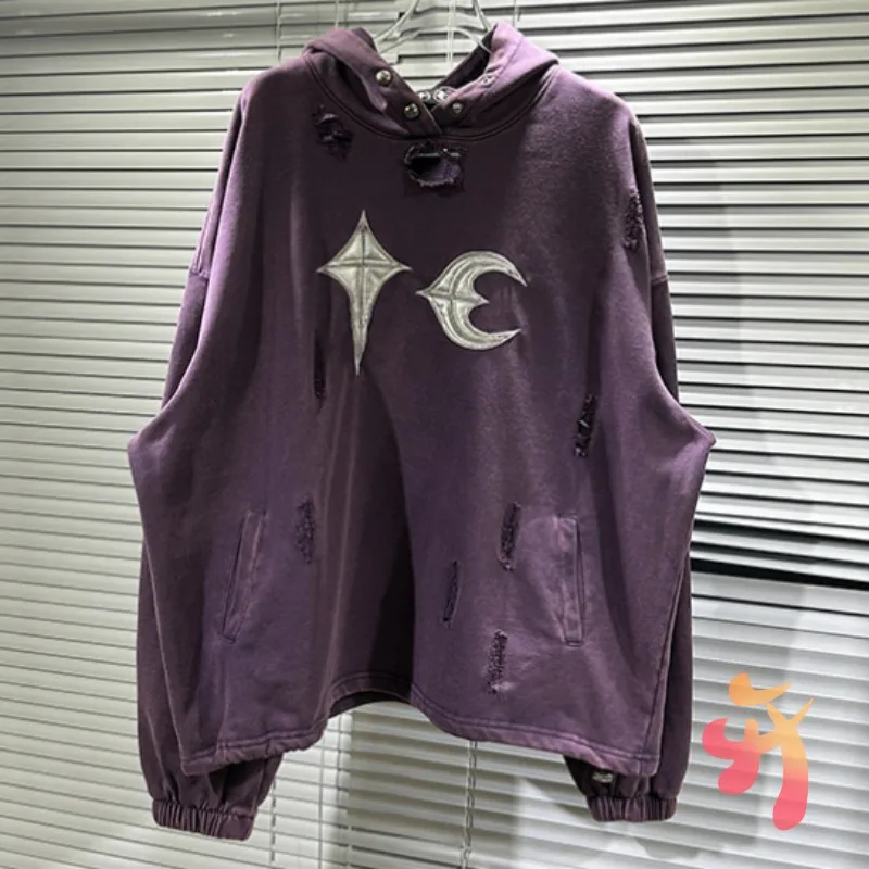 

American High Street Purple Thug Club Hoody Loose Men Women Cleanfit Vintage Washed Hole Patchwork Starry Moon Hood Sweatshirts