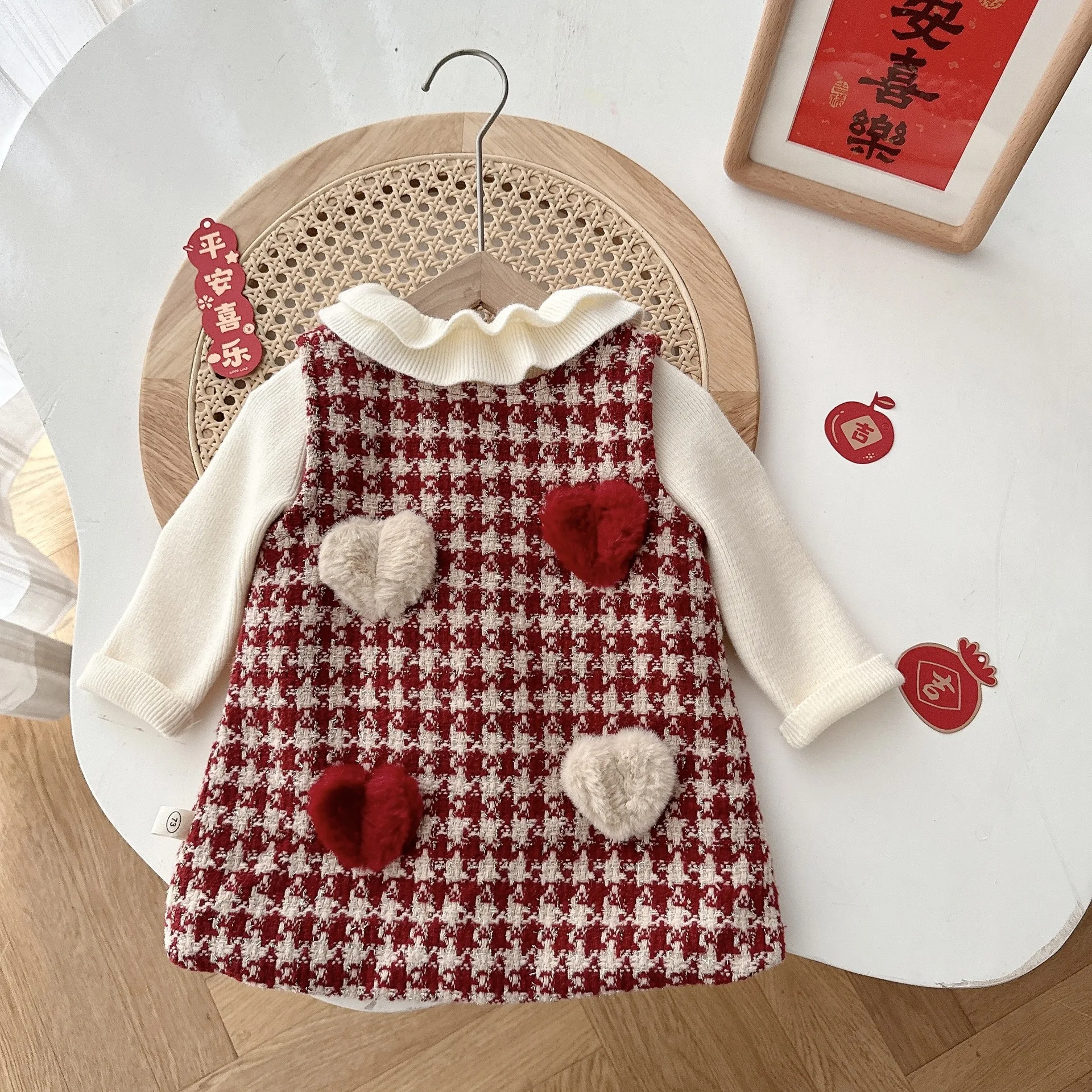 

Baby Girls Warm Clothes Set Plus Velvet Kids Vest Thickened Plaid Love Dress+Wool Sweater Suit for Children's Clothing Outfits