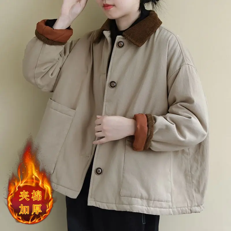 Outono inverno casaco de algodão feminino vintage manga longa turn down collar grosso quente jaqueta literária bolsos e12416