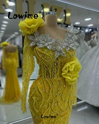 Yellow Long Sleeve Aso Ebi Mermaid Prom Dresses Pearl Crystal Evening Gowns Split Side Wedding Party Second Reception Dress Robe