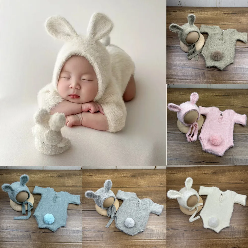 ❤️Newborn Photography Clothing Cute Knit Hat+Jumpsuit 2Pcs/set Studio Baby Photo Props Accessories Infant Shoot Rabbit Clothes