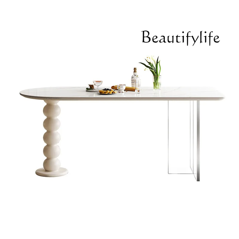 

French cream wind rock slab dining table acrylic feet modern simple living room small apartment with a round end