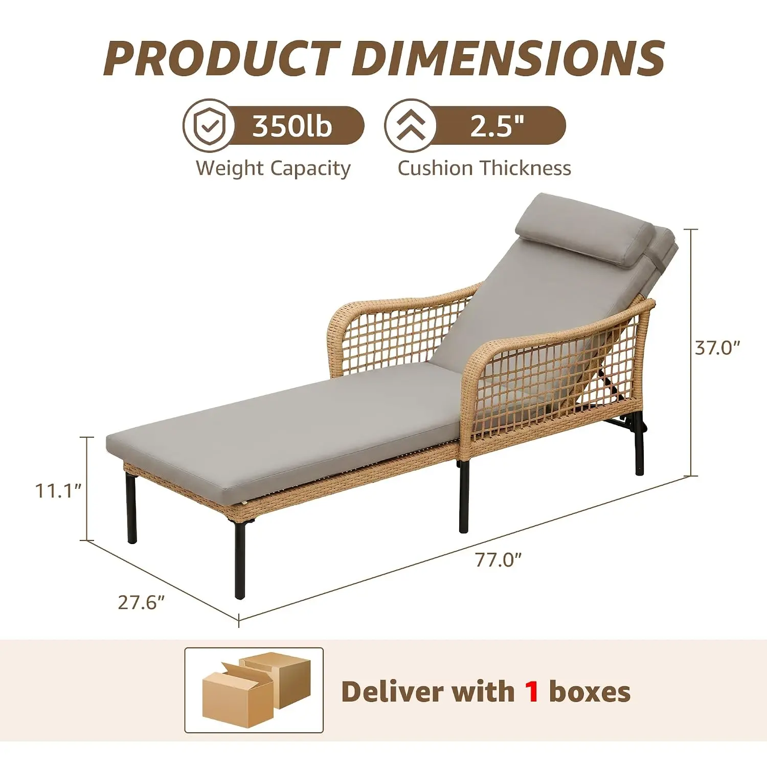 Aluminum Wicker Outdoor Chaise Lounge, 5-Position Adjustable, Curved Arm, Cushioned, Poolside & Deck, Customized