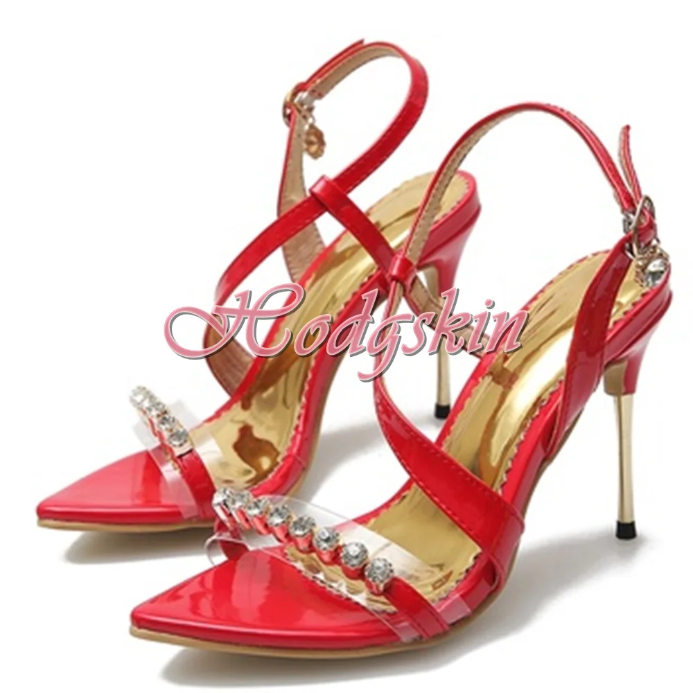 Rhinestone Metal Heels Sandals Pointy Toe PVC Straps Slingback Buckles Sandals Women Sexy Shoes Stiletto Shiny Leather Summer