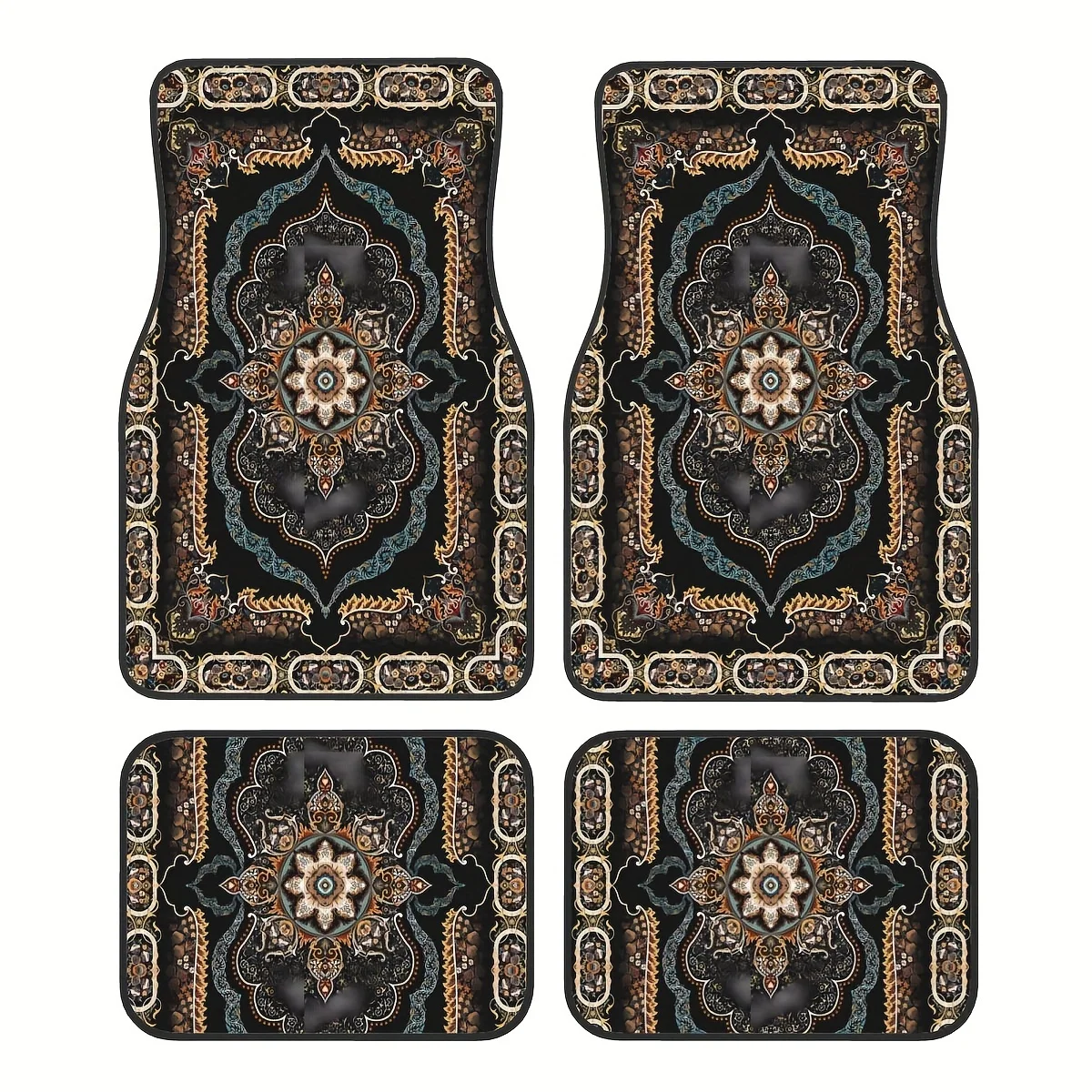 4-Pack Synthetic Rubber Universal Anti-Slip Bohemian Pattern European Ethnic Car Rubber Mats, Waterproof Easy-Clean Interior Acc
