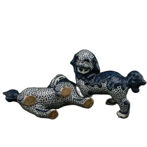 6.3 "الصينية جينغدتشن الأزرق الأبيض الخزف فو فو الكلب الحرس تمثال الأسد زوج #4