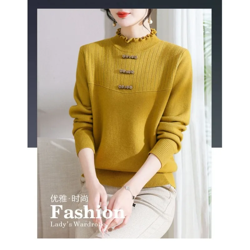 

Осенне-зимняя вязаная основа, новый свитер с полуводолазкой, интегрированная бархатная пуговица, модный однотонный повседневный топ