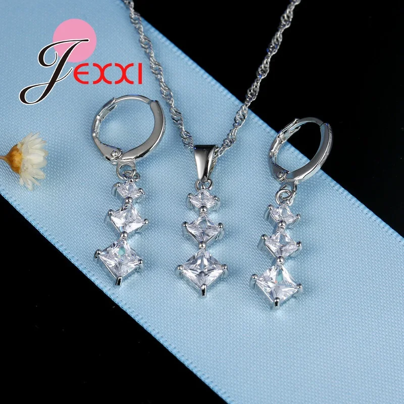 Fashion Silver Color Clear Austrian Crystals Drop Earrings and Pendant Necklace Jewelry Sets for Female Jewelry Accessory