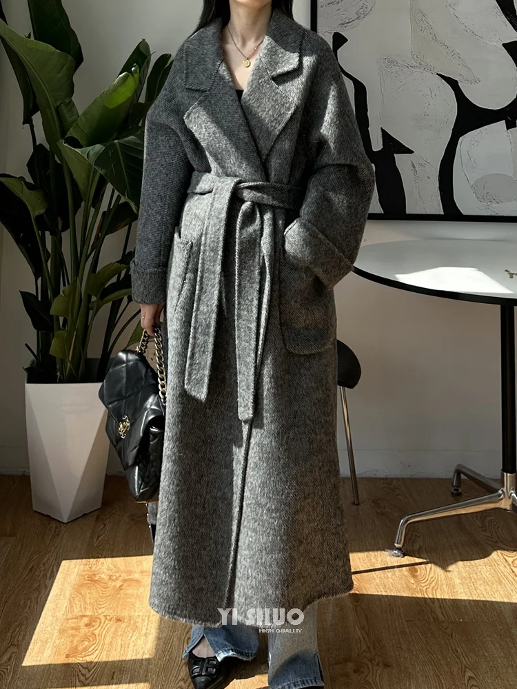 Casual Solid Color Double-sided Wool Alpaca Coat Women Long Temperament Lapel Long Sleeve Warm Woolen Coats Loose Autumn Winter