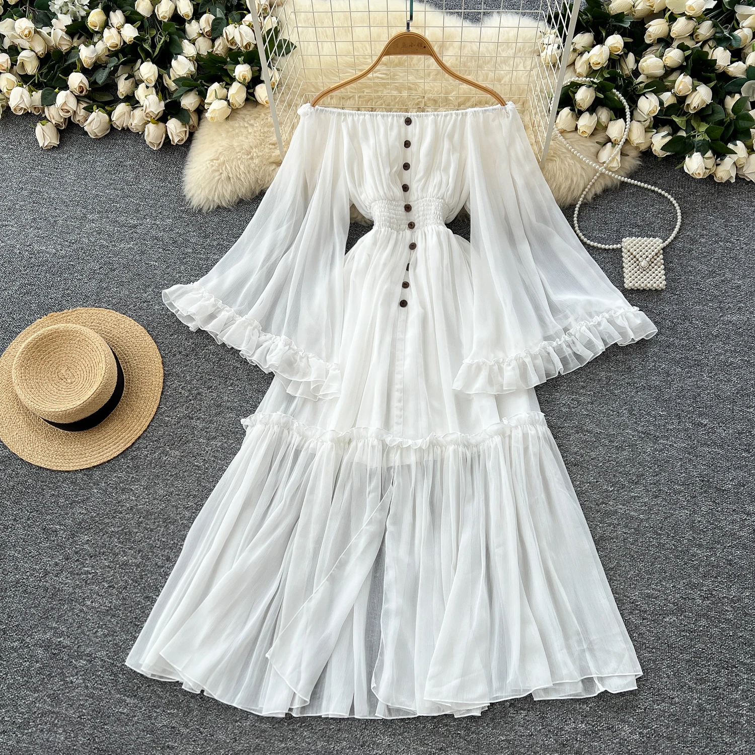 2025 ฤดูร้อนBodycon Flareแขนเสื้อจีบชุดเซ็กซี่ปิดไหล่Elegant Evening Partyผู้หญิงแฟชั่นVINTAGE Vestidos