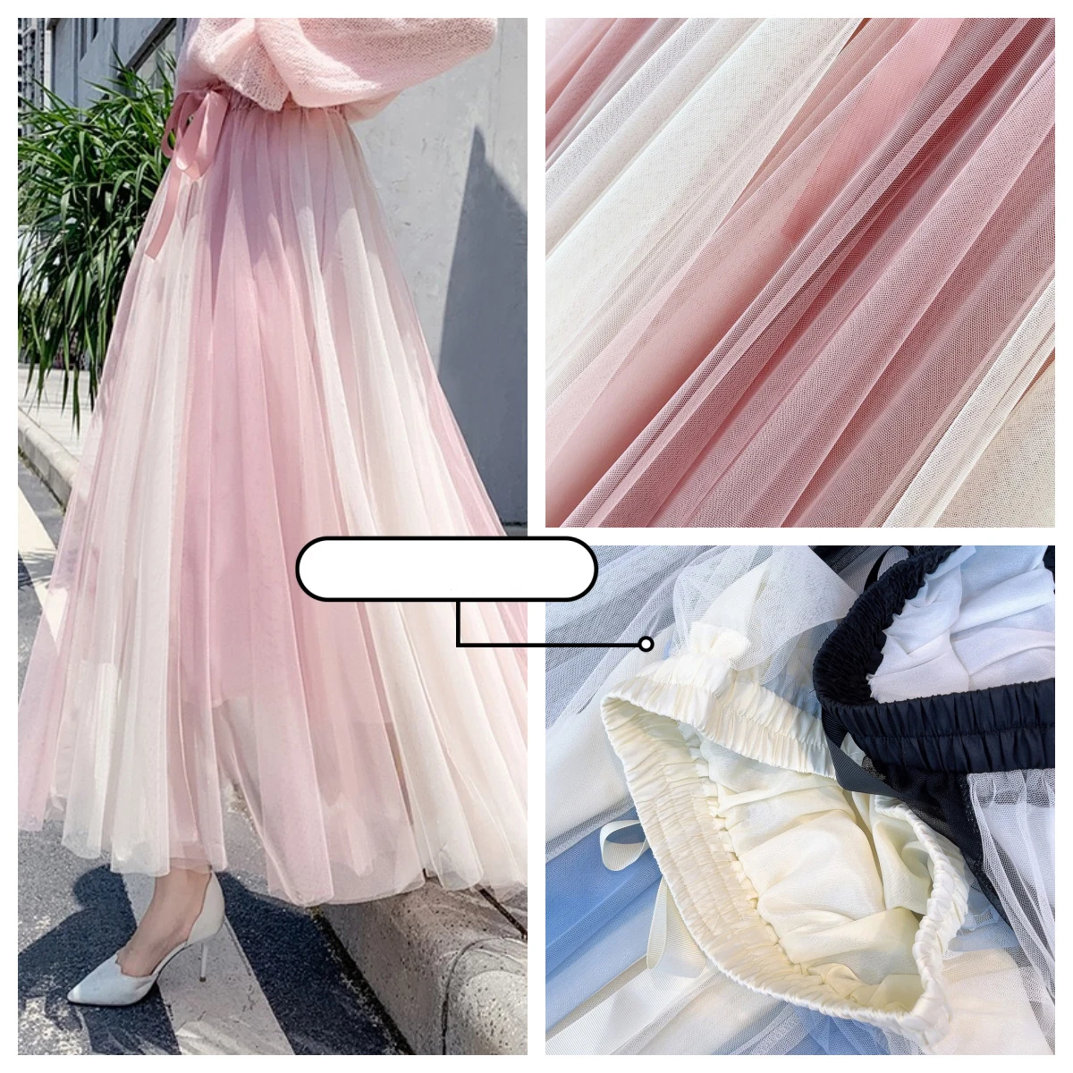Korean Style Contrasting Mesh Skirt Elastic Waistband Bow Gentle Style Big Swing Skirt Fashionable Temperament Half Length Skirt