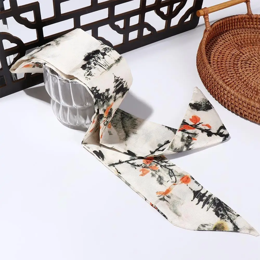 Simple Long Ink Painting Silk Scarf Minimalist Style Ribbon Long Silk Scarf Printed Scarf Ancient Style Ribbon Headband Girl