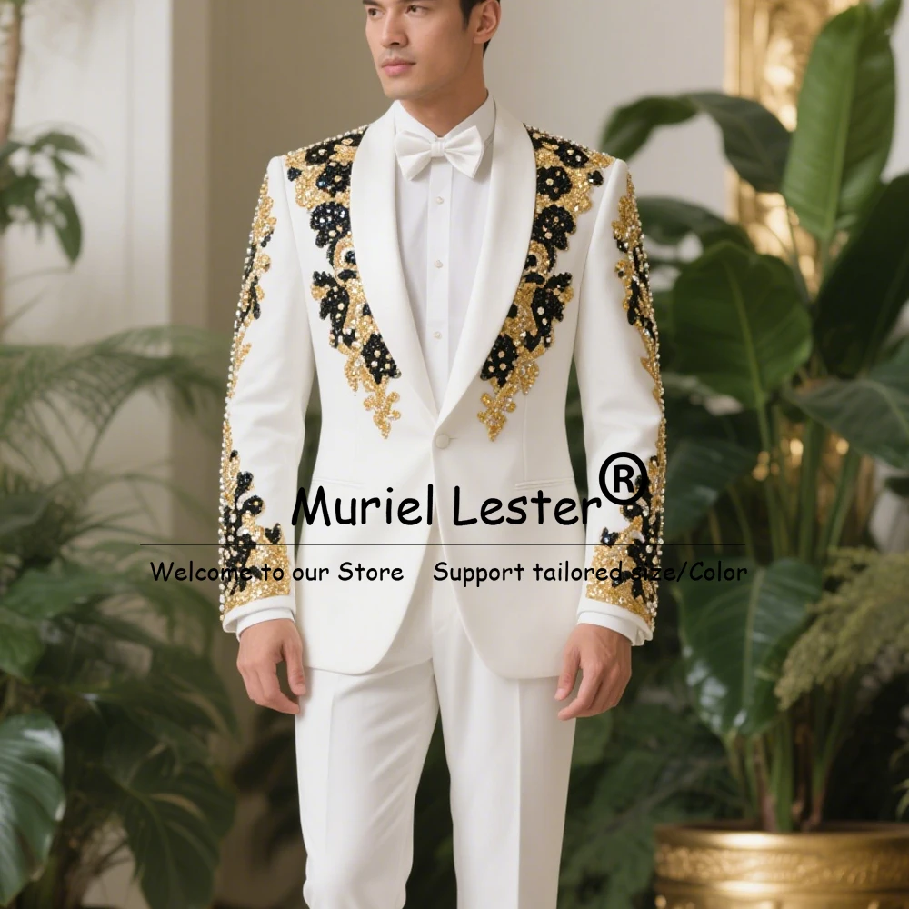 

Luxury Gold/Black Beaded Stones Wedding Suits For Men 2 Pieces Sets Single Breasted Jacket Pants Groom Tuxedos Costume Homme
