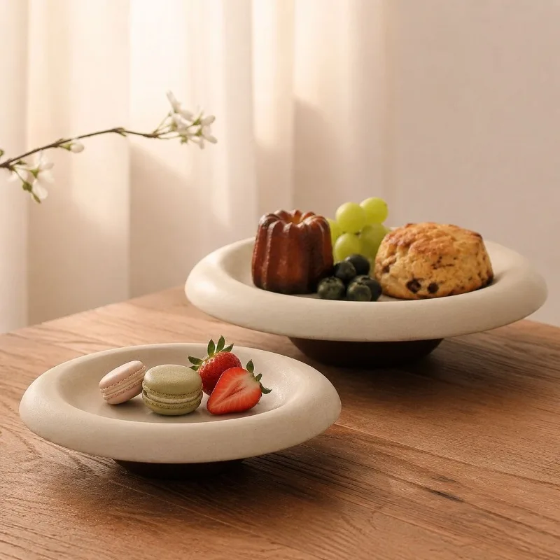 Coarse Pottery Solid Wood High-footed Snack Plate Fruit Salad Dessert Plate Household Multi-functional Key Jewelry Storage Tray