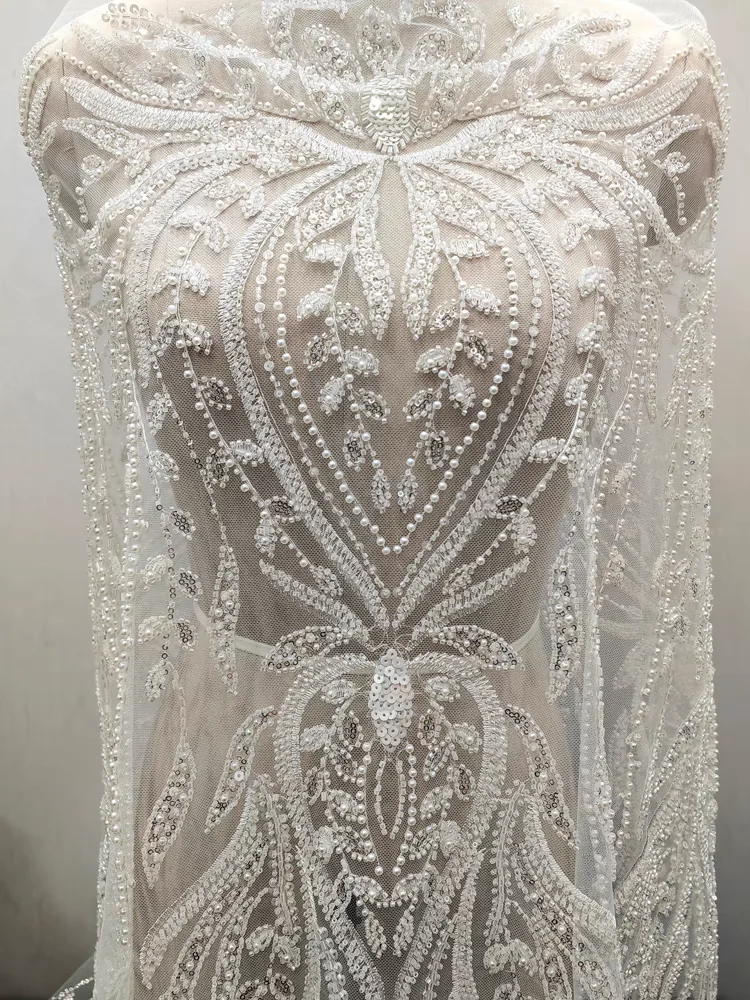 

Ornate Full Beaded Lace Beautiful Pattern With Heavy Beaded and Sparkling Sequins Bridal Wedding Dress Lace