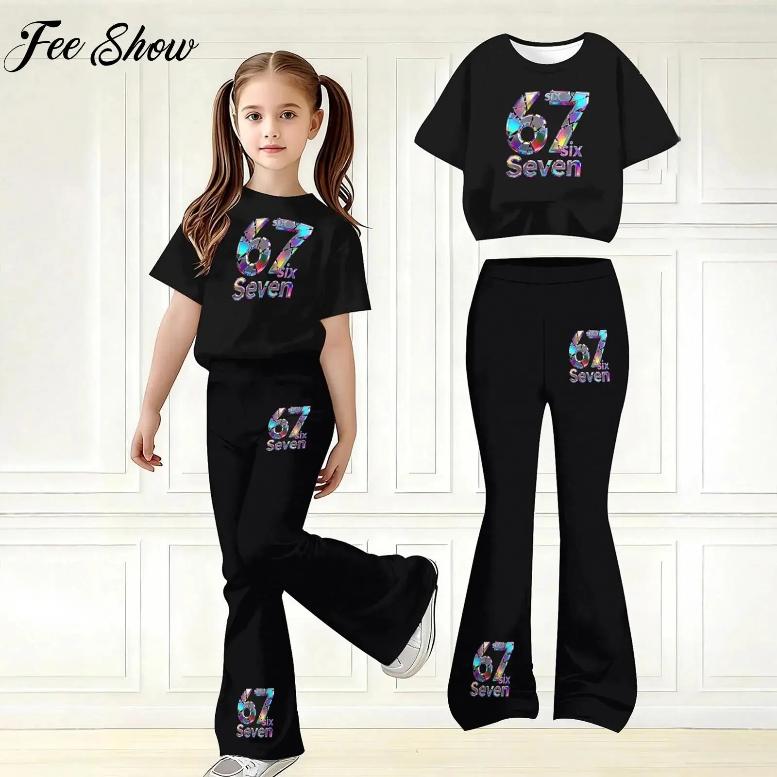 5-14Y Kids Girls 2-piece Sports Outfit Number Printed Round Neck Short-sleeve T-shirt with Elastic Waistband Flared Pants