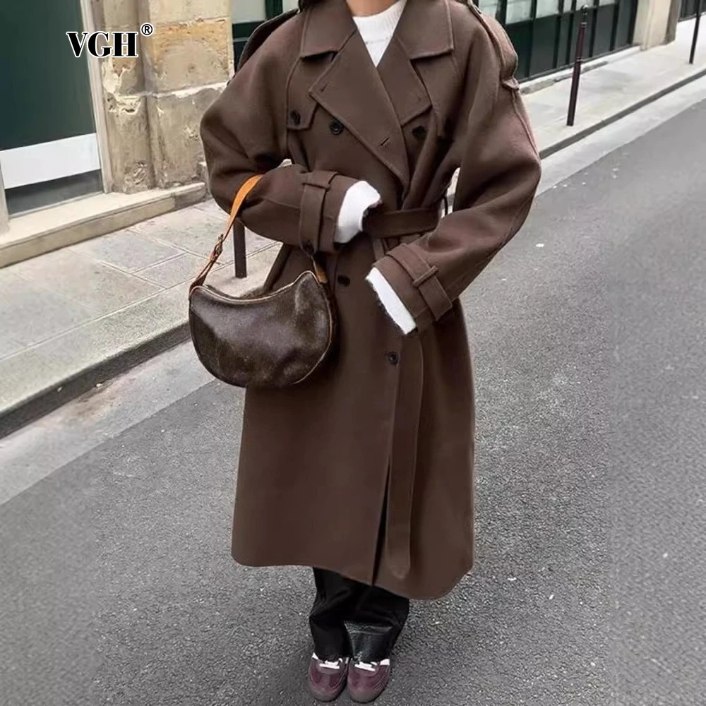 

VGH Solid Elegant Spliced Lace Up Trench for Women Lapel Long Sleeve High Waist Patchwork Double Breasted Basics Coat Female New