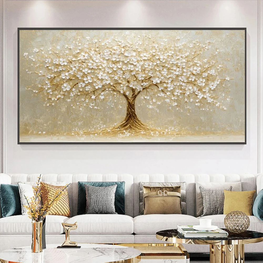 Golden Blossoms Tree of Life  Tree of Life Painting On Canvas, Joyful Nature Landscape Wall Art, Living Room Decor, Ｎo Frame