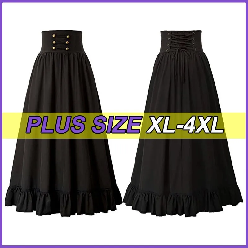 

Plus Size Gothic Black Strap Buckle Grommet Rivet Layered Ruched Ankle-Length Skirts 2025 Women's Soild A-Line Skirt 2XL 3XL 4XL