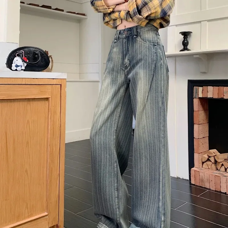 جينز فضفاض غير رسمي بنطال واسع الساق واسع الخصر مريح من قماش الدنيم المطاطي للنساء موضة الجينز النسائي