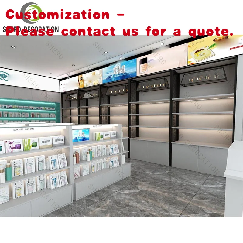 custom.Durable Wood Cosmetic Display Stand Modern High Quality Makeup Display Showcase with High-end Wall Display Cabinet