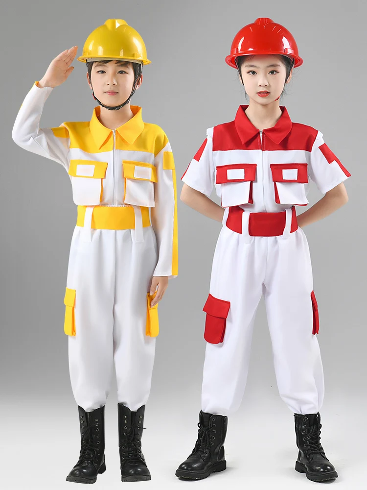 Firefighter Costumes Kids Cute Engineer Construction Worker Rescue Cosplay Dress Up Costume For Performance Halloween Costume