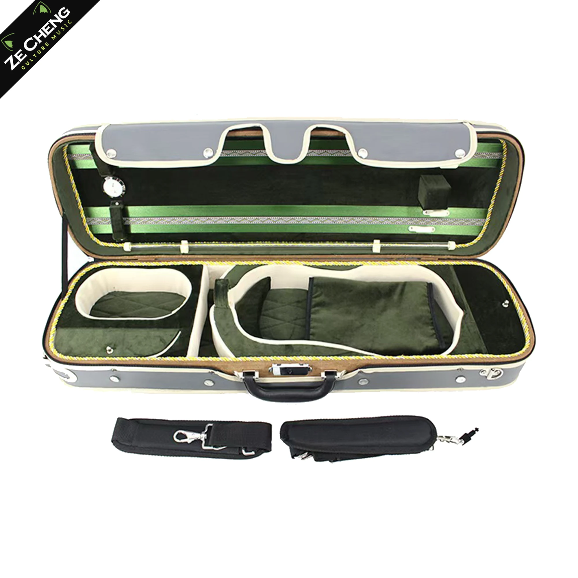 High-End Rectangular Violin Case, Full Size 4/4 3/4 1/2 1/4, Gray Faux Leather + Green Belt