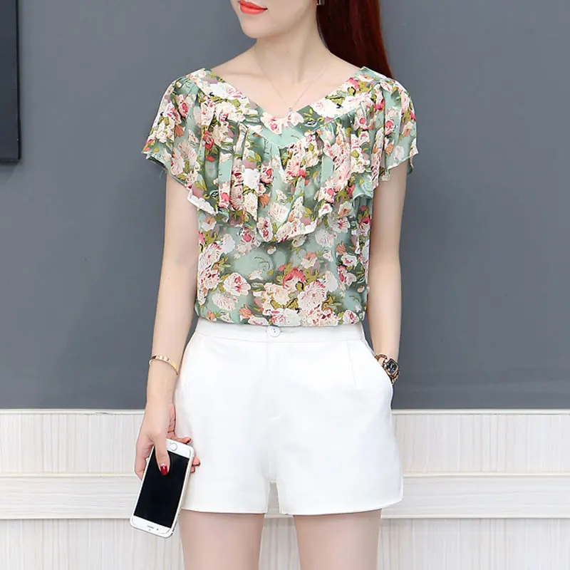 Office Lady Floral Printed Blouse 2023 Summer Straight Elegant V-Neck Women\'s Fashion Ruffles Spliced Short Sleeve Chiffon Shirt