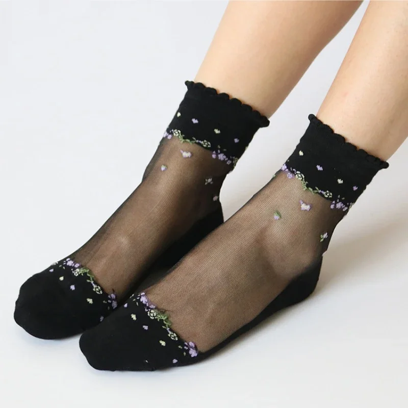 Fashion Women Black Lace Socks 1Pair Floral Print Sock Ladies Elastic Crystal Glass Silk Ultrathin Transparent Short Ankle Socks