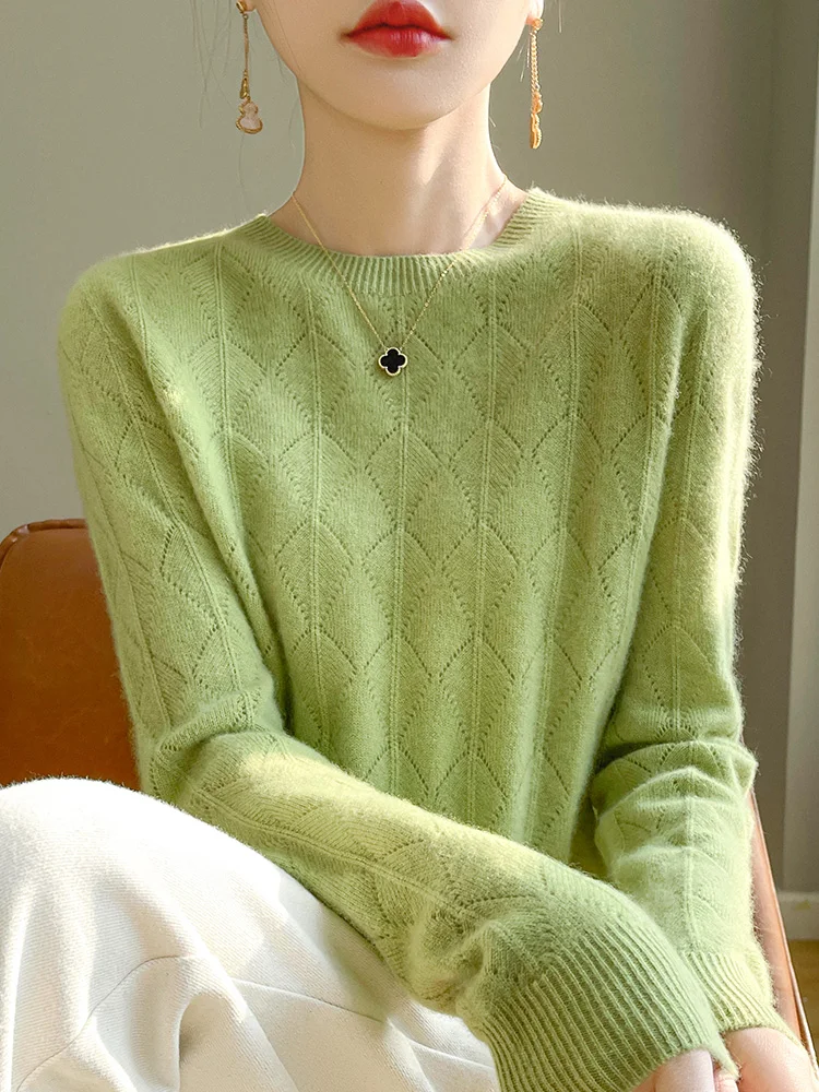 Spring Autumn 100% Merino Wool Knitwear Women' Sweater O-neck Hollow Out Diamond Solid Color Pullover Long Sleeved Simple Style