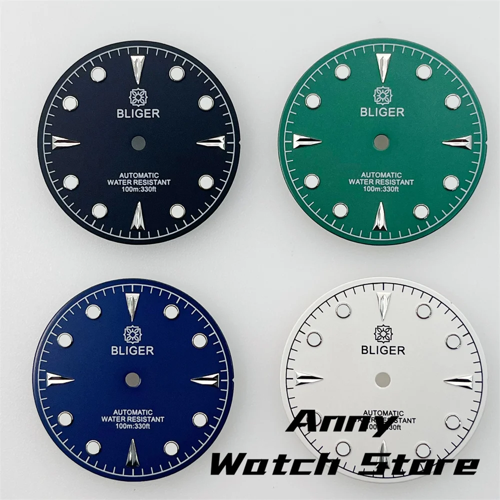 

Циферблат 29 мм черный зеленый синий белый циферблат зеленый светящийся подходит для NH34 NH35 NH36 ETA2824 2836 PT5000 Miyota Mingzhu DG механизм byBLIGER