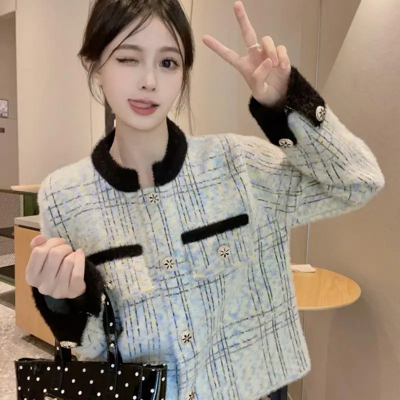 Contrast Plaid Button Patchwork Elegant Cardigan Autumn Winter New Long Sleeve Loose Temperament Tops Korean Trend Women Clothes