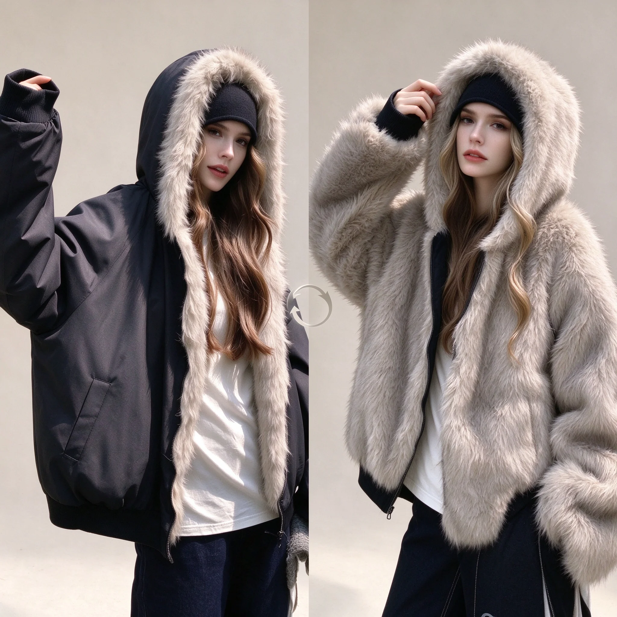 Double Sided Cotton Padded Coat Women Y2K Winter Warm Imitation Mink Fur Hooded Plush Loose Oversized Short Jacket Khaki