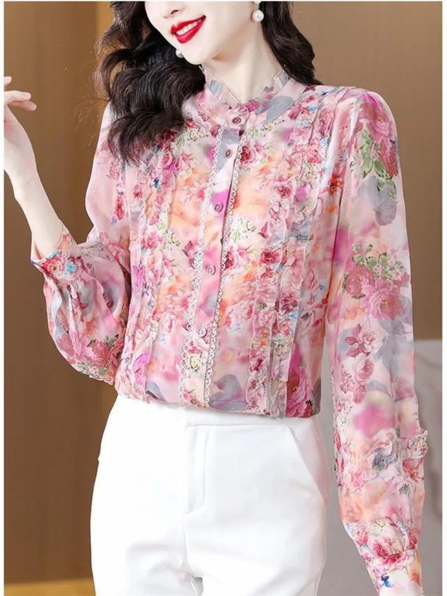 エレガントな2025年フローラルプリントシフォンシャツ、スタンドカラー、ポケットハンカチ、スリムフィット、ハイファッション、春秋トップス