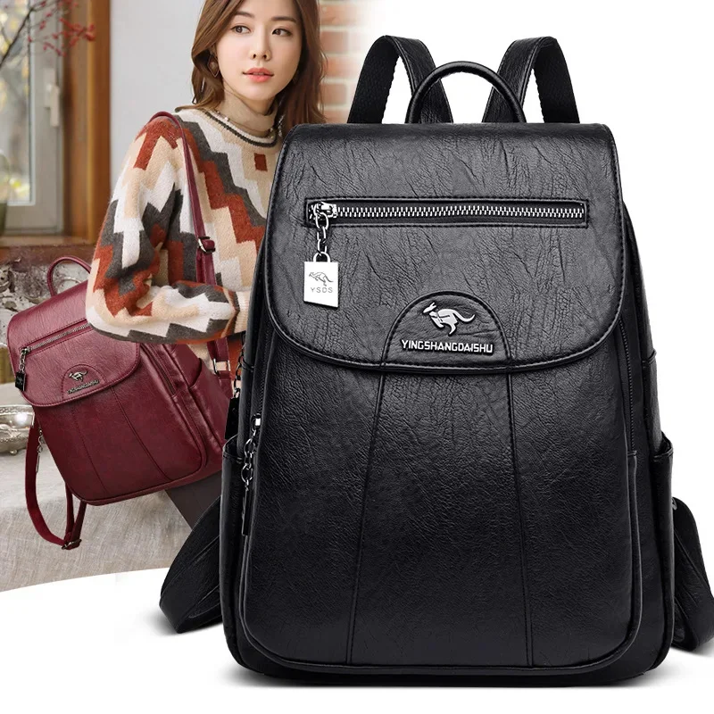 Vintage Leather Women's Backpack Fashion Travel Trendy Student School Bags For Girls Mochila Female Shoulder