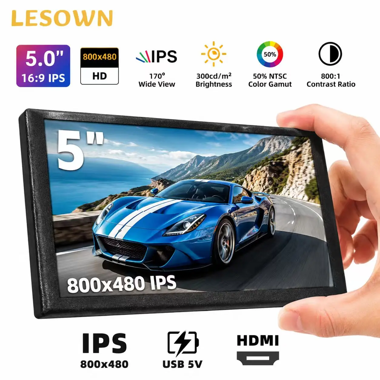 LESOWN 5.0 Inch Micro PC Video Display 800x480 Black Metal 60Hz miniHDTV External Sub-screen for Orange Pi Desktop