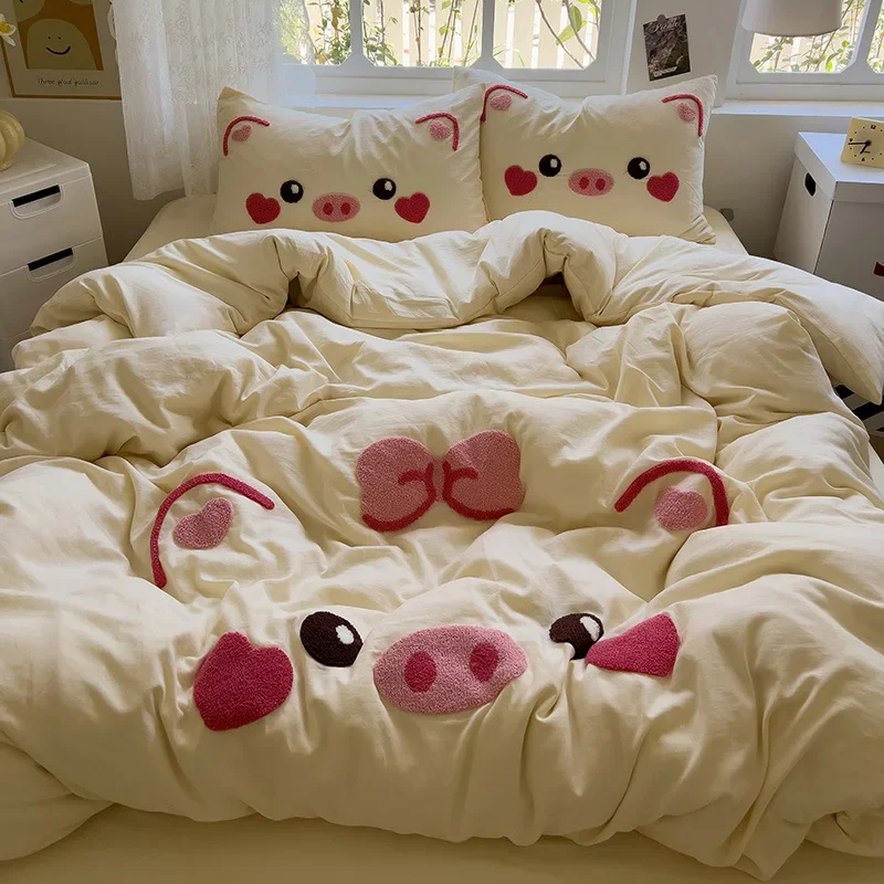 Cute Pig Bedding Set Embroidery No Filler Soft Ins Single Queen Size Duvet Cover Flat Sheet Pillowcase Girls Home Bed Linens 6