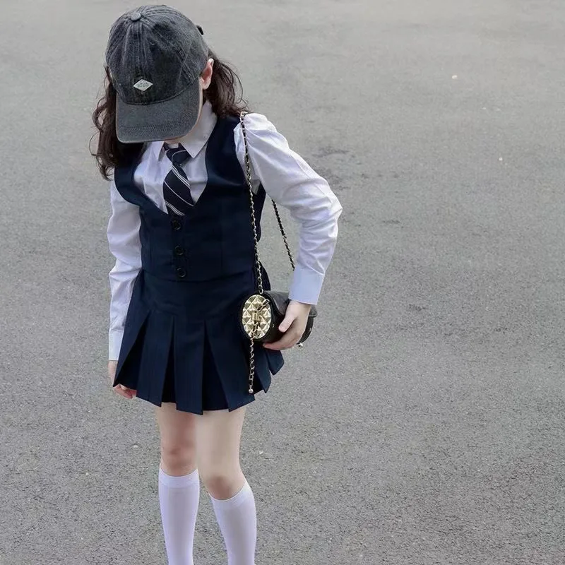 Children's Vest, Pleated Skirt, Half Skirt, White Shirt, Tie, Korean College Style Suit Fashionable Set