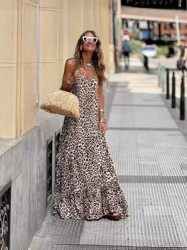 Leopard Print Halter Neck Leace-up Long Dresses Women Sexy V-neck Backless Fashion Trendy Ladies Maxi Dress Streetwear Vestidos