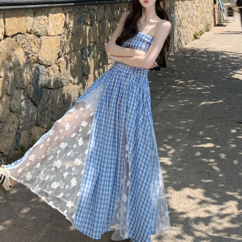 

2025 Summer New Lace Trim Plaid Strapless A Line Dress Slim Fit Women Fashion