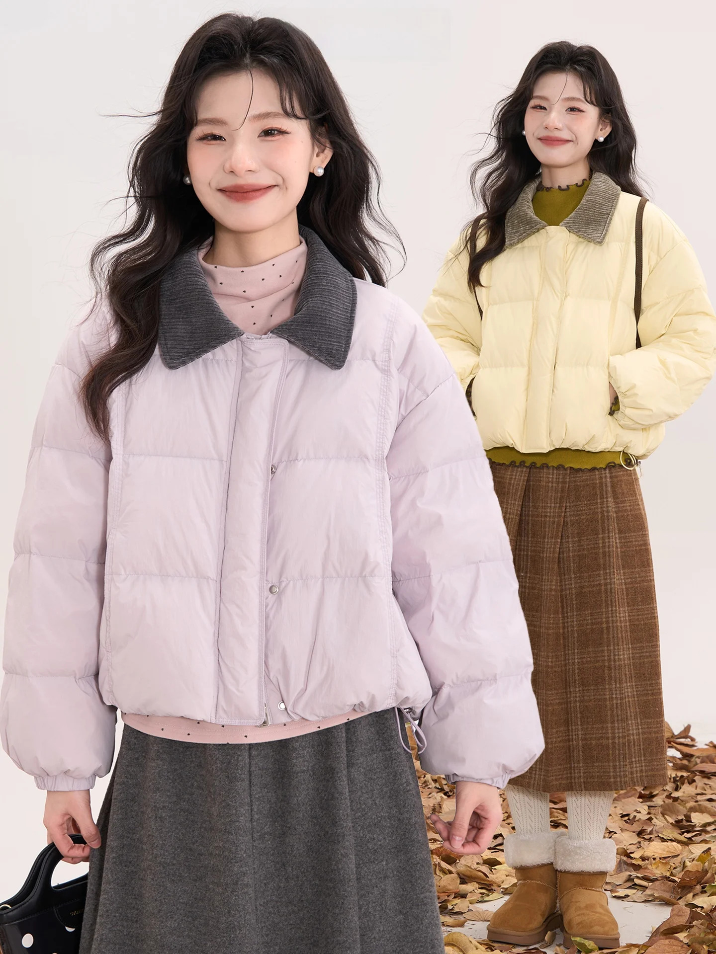 

Heme Winter Women's down Jaet Sweet Corduroy Loose Fit Collarl Coat Casual Sle Zipper Closure Long Sve ort Length