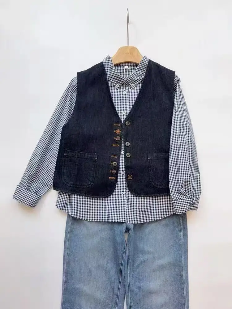 

Джинсовый жилет в стиле ретро V-Ne темно-синего цвета, женский весенне-осенний многослойный наплечник для поездок на работу, универсальный супер красивый тюнет, модный