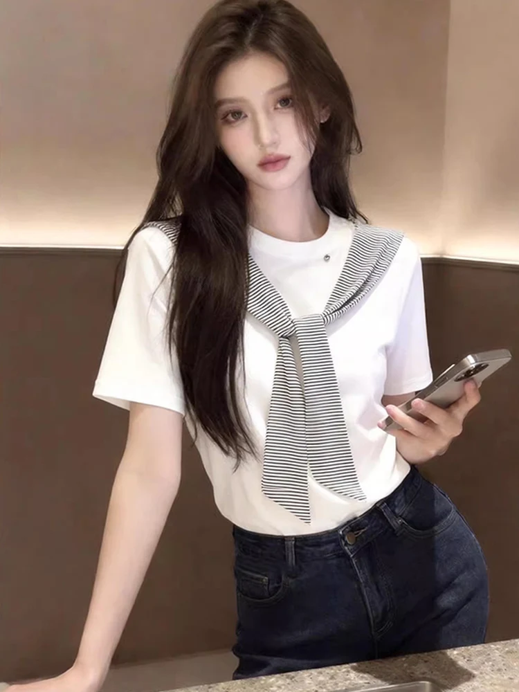 

Fashionable Stripe Shoulder Wrap Short Sleeve round Neck Women's White T-Shirt Casual Versatile Summer Anti-Aging Korean Style