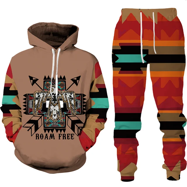 Men’s Hoodies Set Indian Style 3D Printed Man Tracksuit Sets Casual  Hoodie+Pants 2pcs Sets Oversized Autumn Retro Sweatshirt