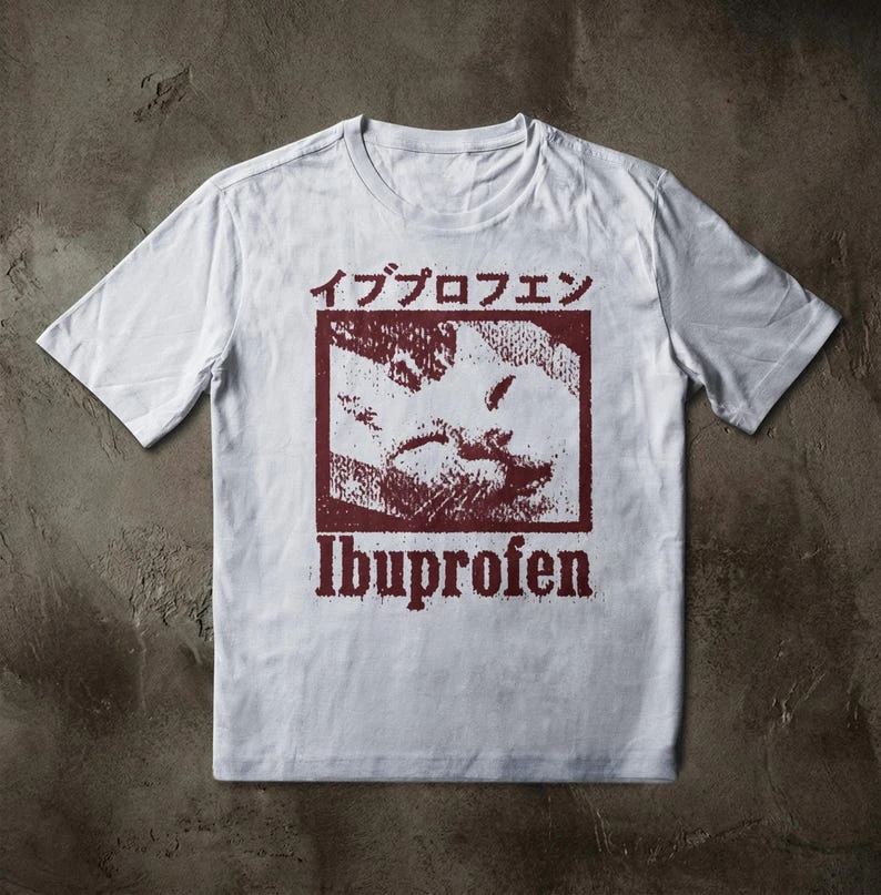 Ibuprofen cat emoji T-shirt funny Japanese text decadent cursed cat Loose casual unisex streetwear shirt  oversized t shirt