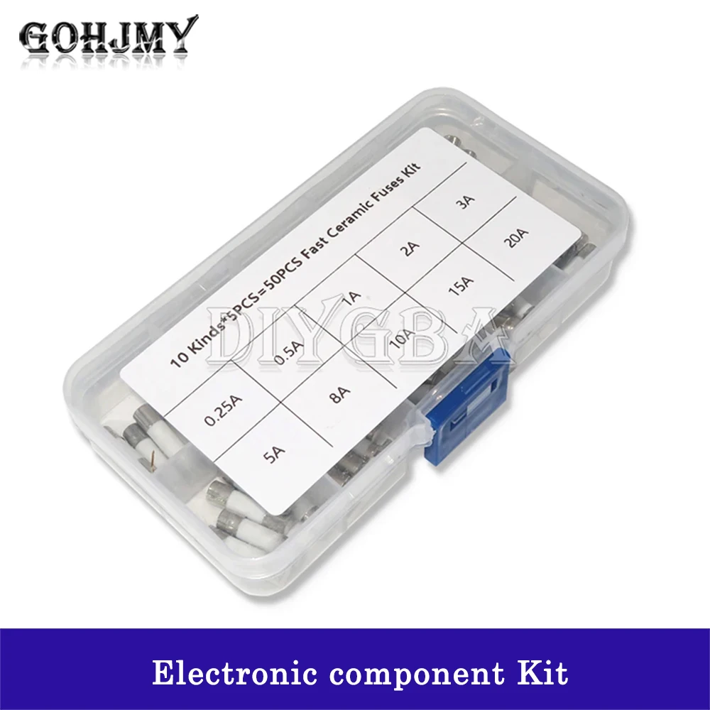 50PCS/LOT 10 Kinds Fast Ceramic Fuses Kit 250V 5mm X 20mm 0.25A 0.5A 1A 2A 3A 5A 8A 10A 15A 20 AMP Fuse Tube Assortment