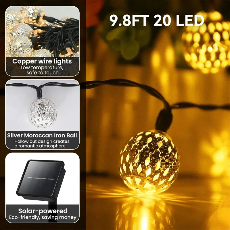 TOPMAYA 50 30 20LED Solarne Lampki Sznurowe Zewnętrzne Wodoodporne 8 Trybów Lampki Dekoracyjne do Ogrodu Patio Wesela Bożego Narodzenia Dekoracje Marokańskie