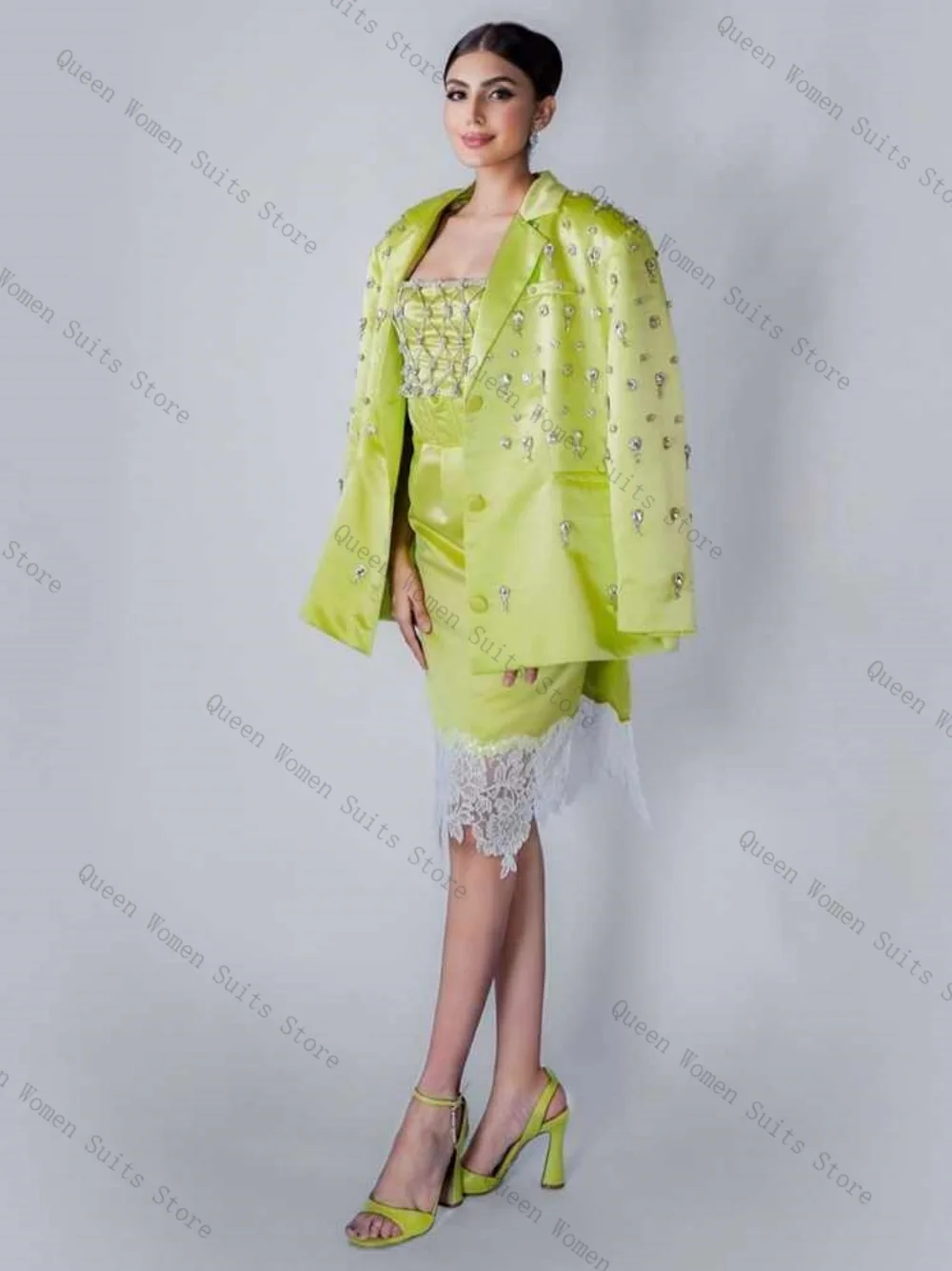

Women Suit Skirt Set 2 Piece Blazer+Prom Dress Luxury Crystals Lace Formal Office Lady Jacket Wedding Tuxedos Coat Customized
